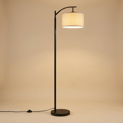 Arched Black Metal Reading Floor Lamp with Beige Linen Shade
