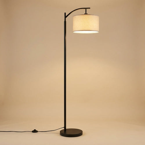 Arched Black Metal Reading Floor Lamp with Beige Linen Shade