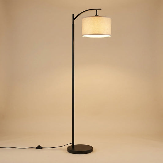 Arched Black Metal Reading Floor Lamp with Beige Linen Shade