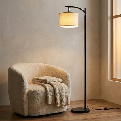 Arched Black Metal Reading Floor Lamp with Beige Linen Shade