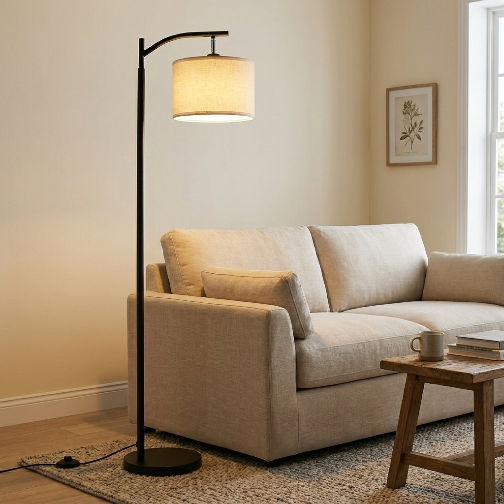 Arched Black Metal Reading Floor Lamp with Beige Linen Shade