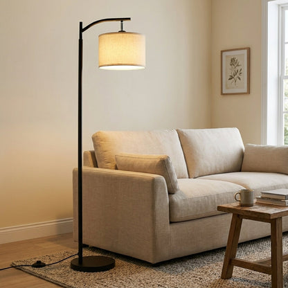 Arched Black Metal Reading Floor Lamp with Beige Linen Shade