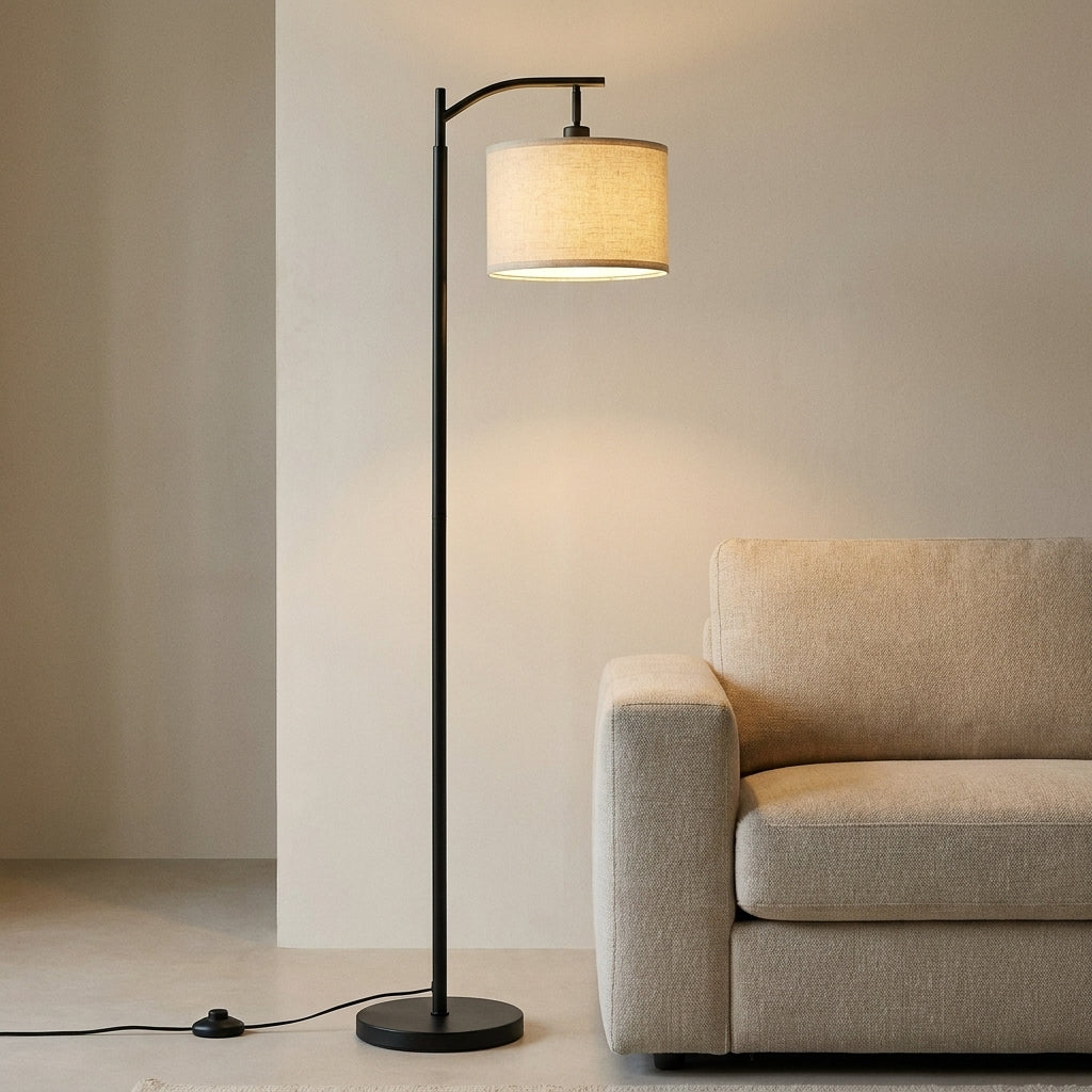 Arched Black Metal Reading Floor Lamp with Beige Linen Shade