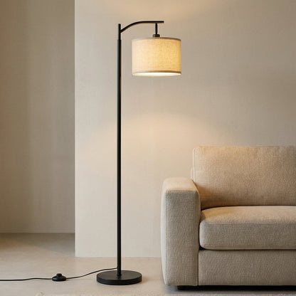 Arched Black Metal Reading Floor Lamp with Beige Linen Shade