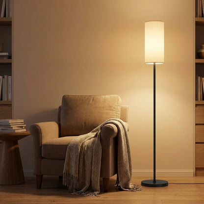 Modern Black Metal Floor Lamp with White Fabric Shade