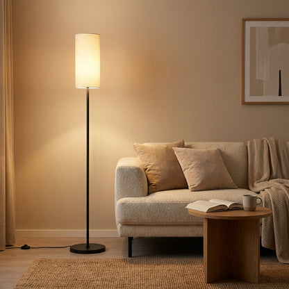 Modern Black Metal Floor Lamp with White Fabric Shade