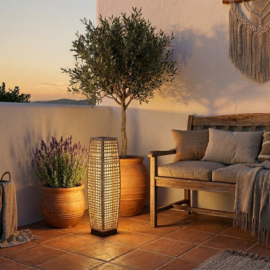 Solar Hand-Woven Rattan Floor Lamp - Outdoor Garden Light