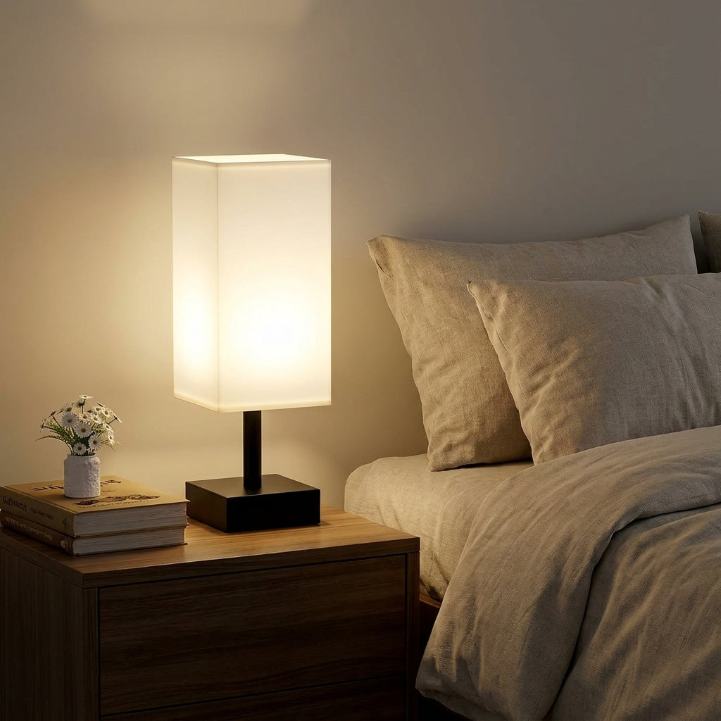 Square White Fabric Table Lamp with Black Base - Modern Bedside Light
