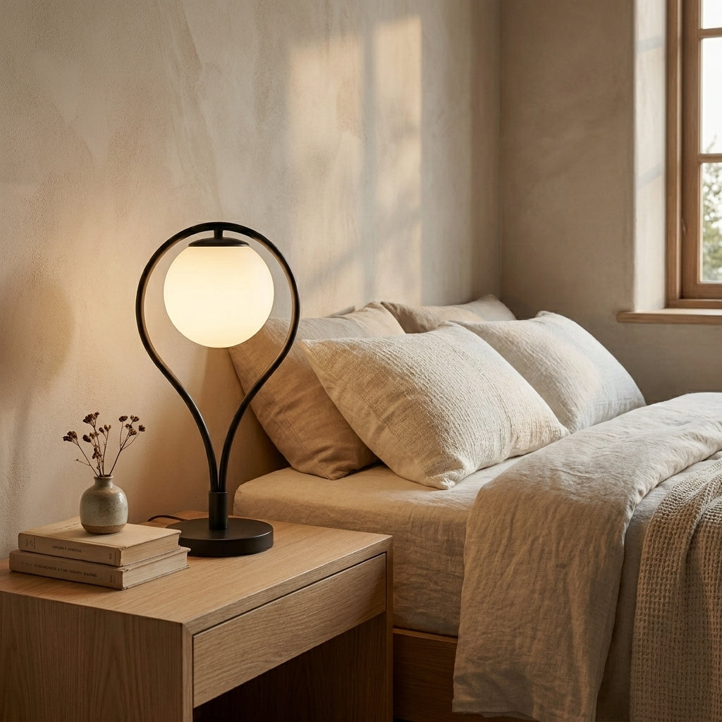 Opal Globe Table Lamp with Black Metal Frame - Modern Bedside Light