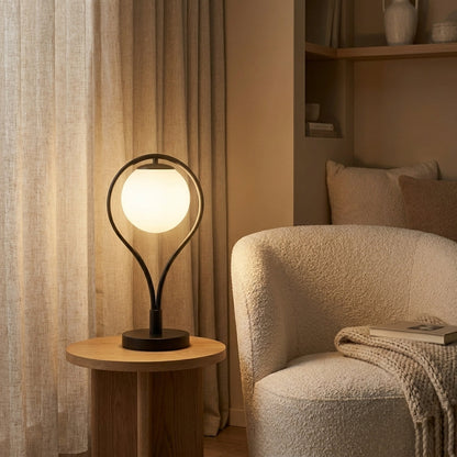 Opal Globe Table Lamp with Black Metal Frame - Modern Bedside Light