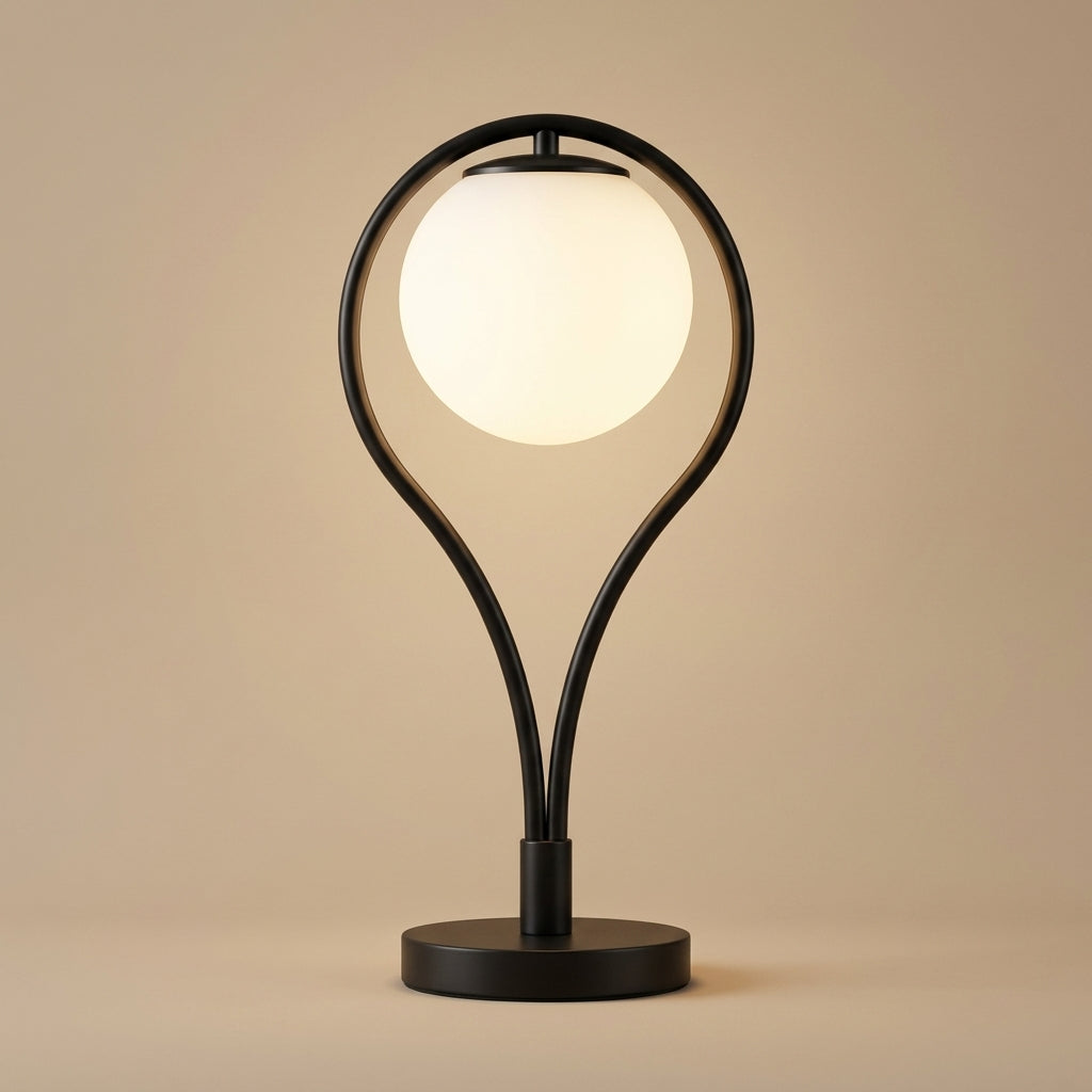 Opal Globe Table Lamp with Black Metal Frame - Modern Bedside Light