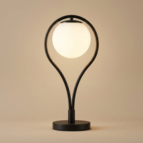Opal Globe Table Lamp with Black Metal Frame - Modern Bedside Light