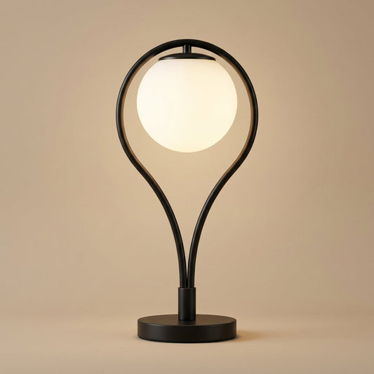 Opal Globe Table Lamp with Black Metal Frame - Modern Bedside Light