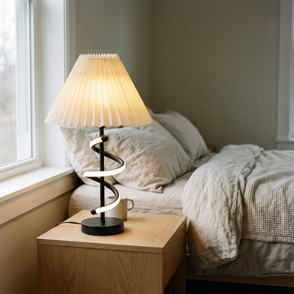 LED Spiral Table Lamp with Pleated Shade - Dual Light Design