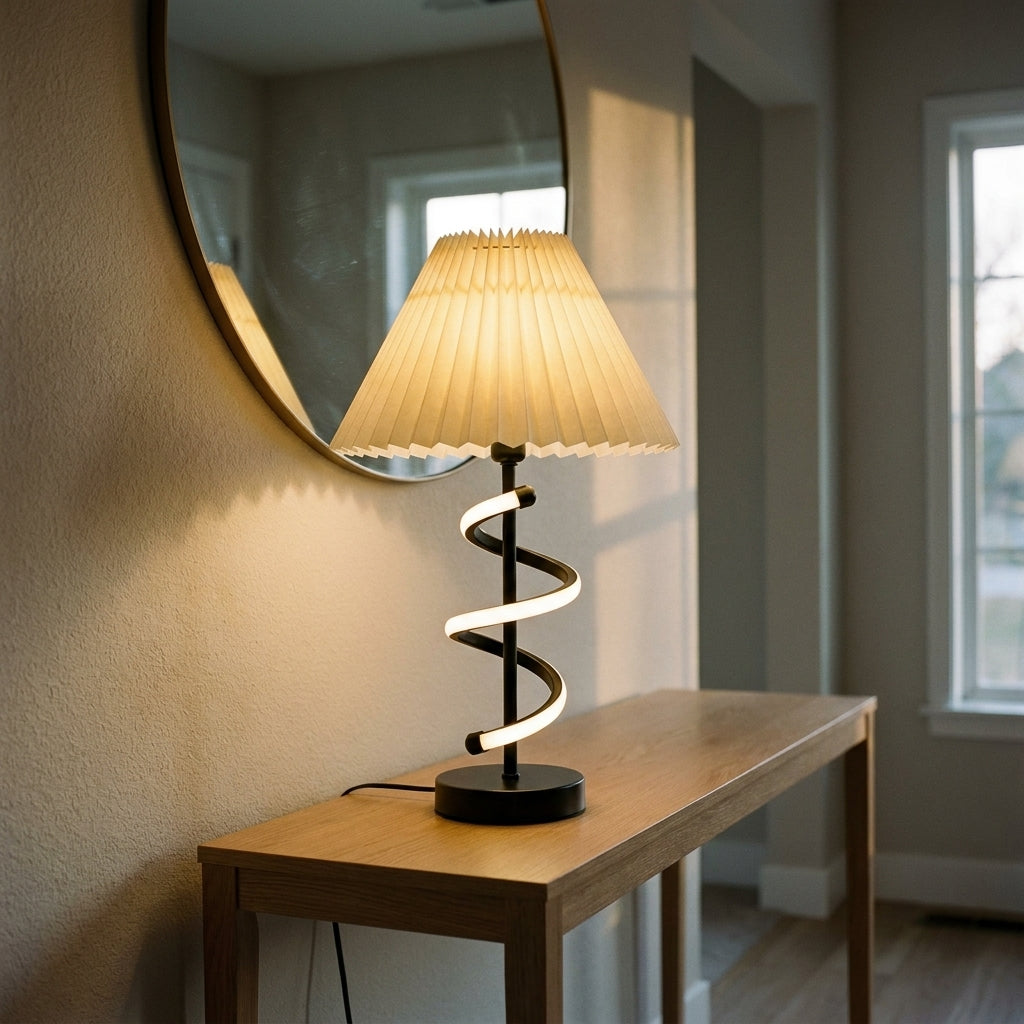 LED Spiral Table Lamp with Pleated Shade - Dual Light Design