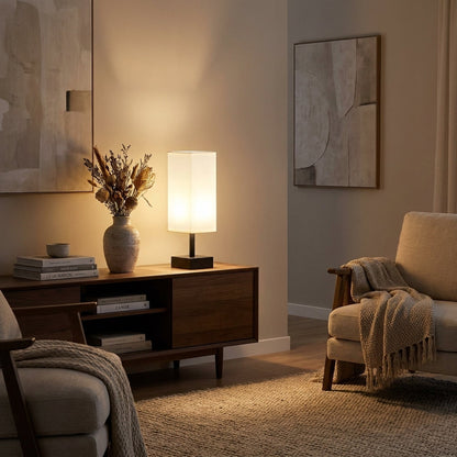 Square White Fabric Table Lamp with Black Base - Modern Bedside Light