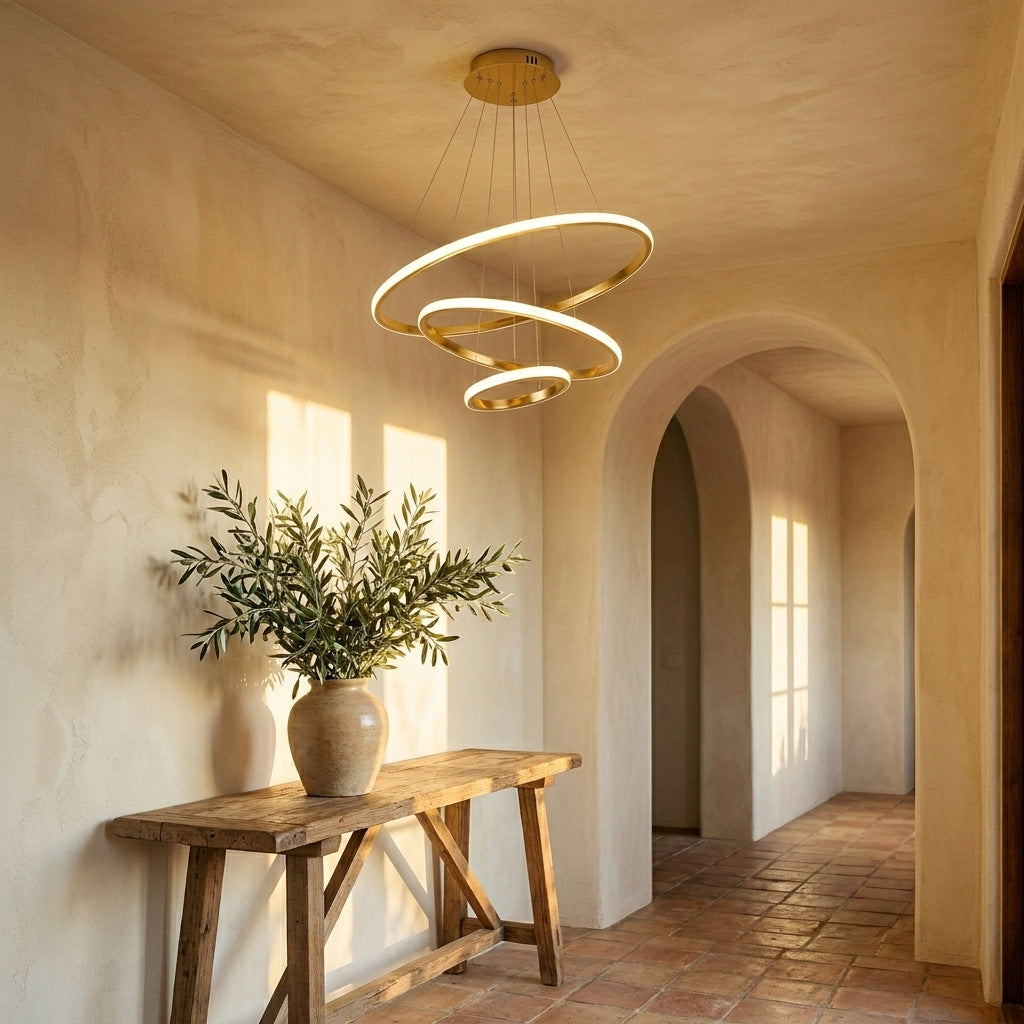 Spiral LED Chandelier 3 Gold Rings - Modern Cascading Light