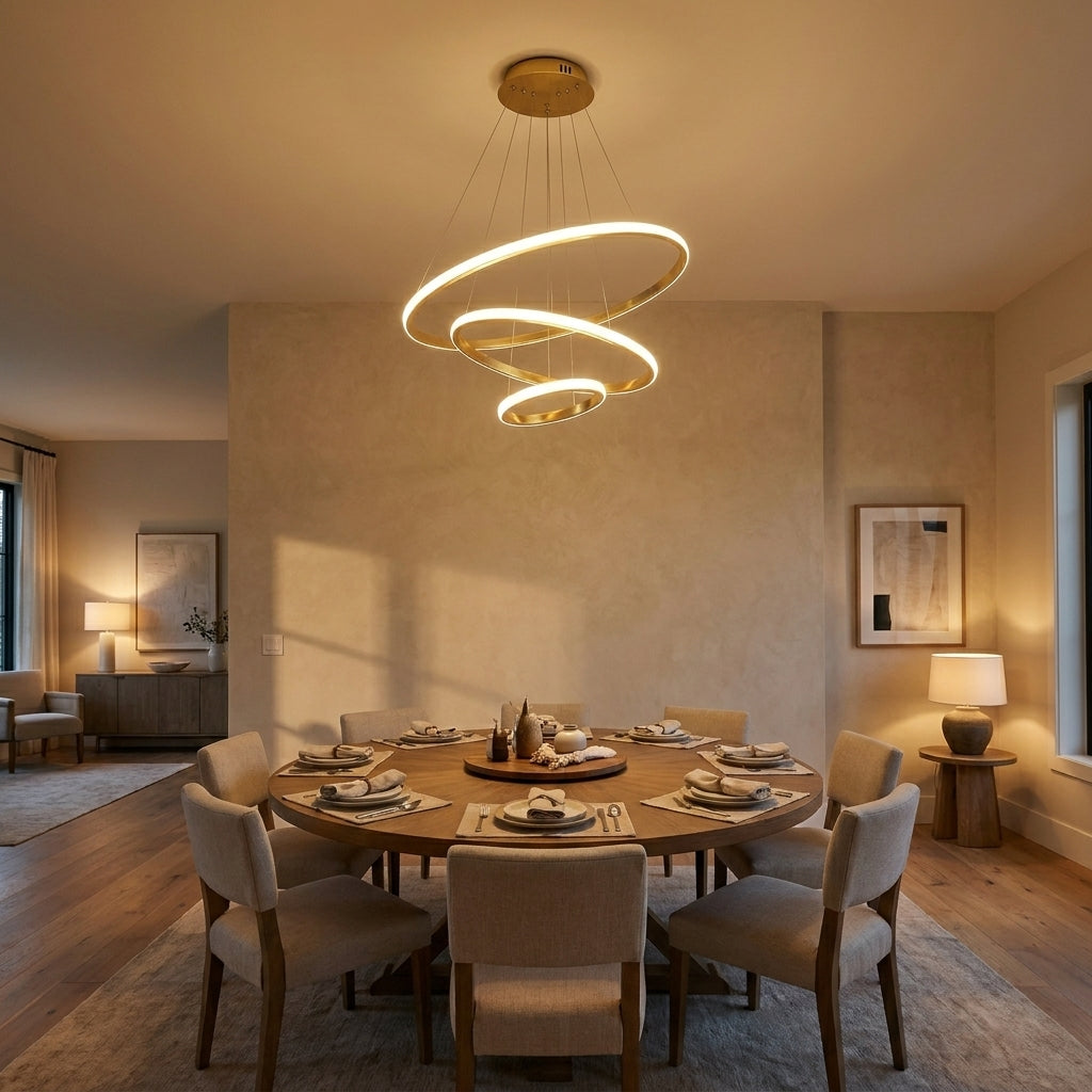 Spiral LED Chandelier 3 Gold Rings - Modern Cascading Light
