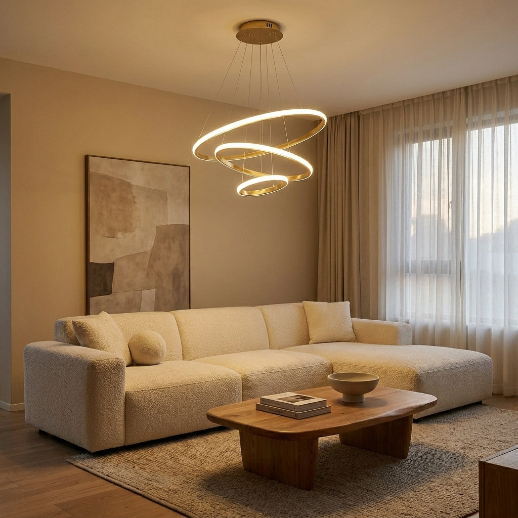 Spiral LED Chandelier 3 Gold Rings - Modern Cascading Light