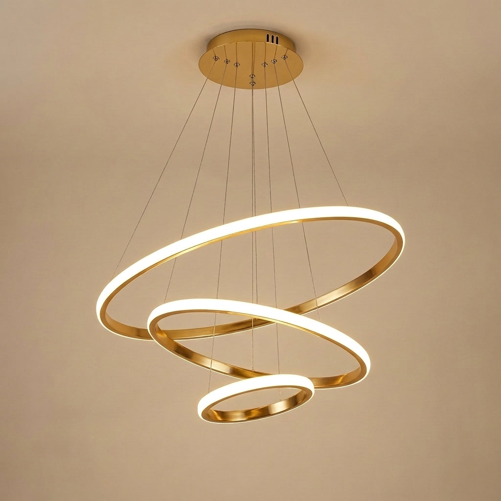 Spiral LED Chandelier 3 Gold Rings - Modern Cascading Light