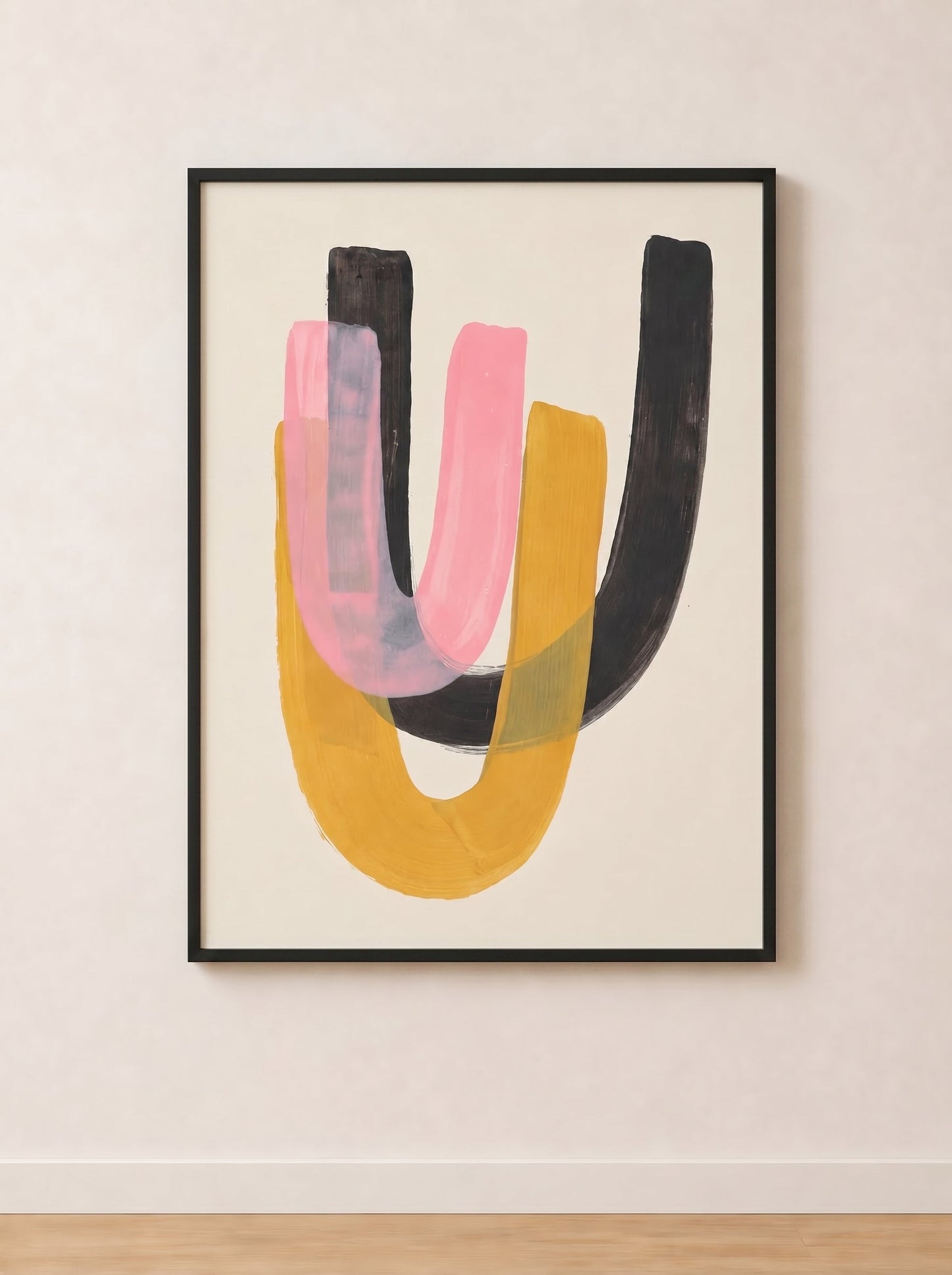 Tableau Abstrait Noir, Rose et Jaune – Contraste Doux et Énergie Moderne