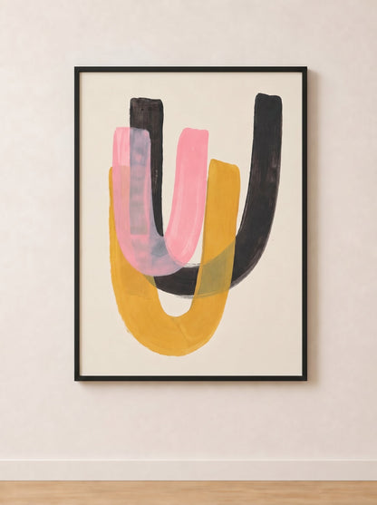 Tableau Abstrait Noir, Rose et Jaune – Contraste Doux et Énergie Moderne
