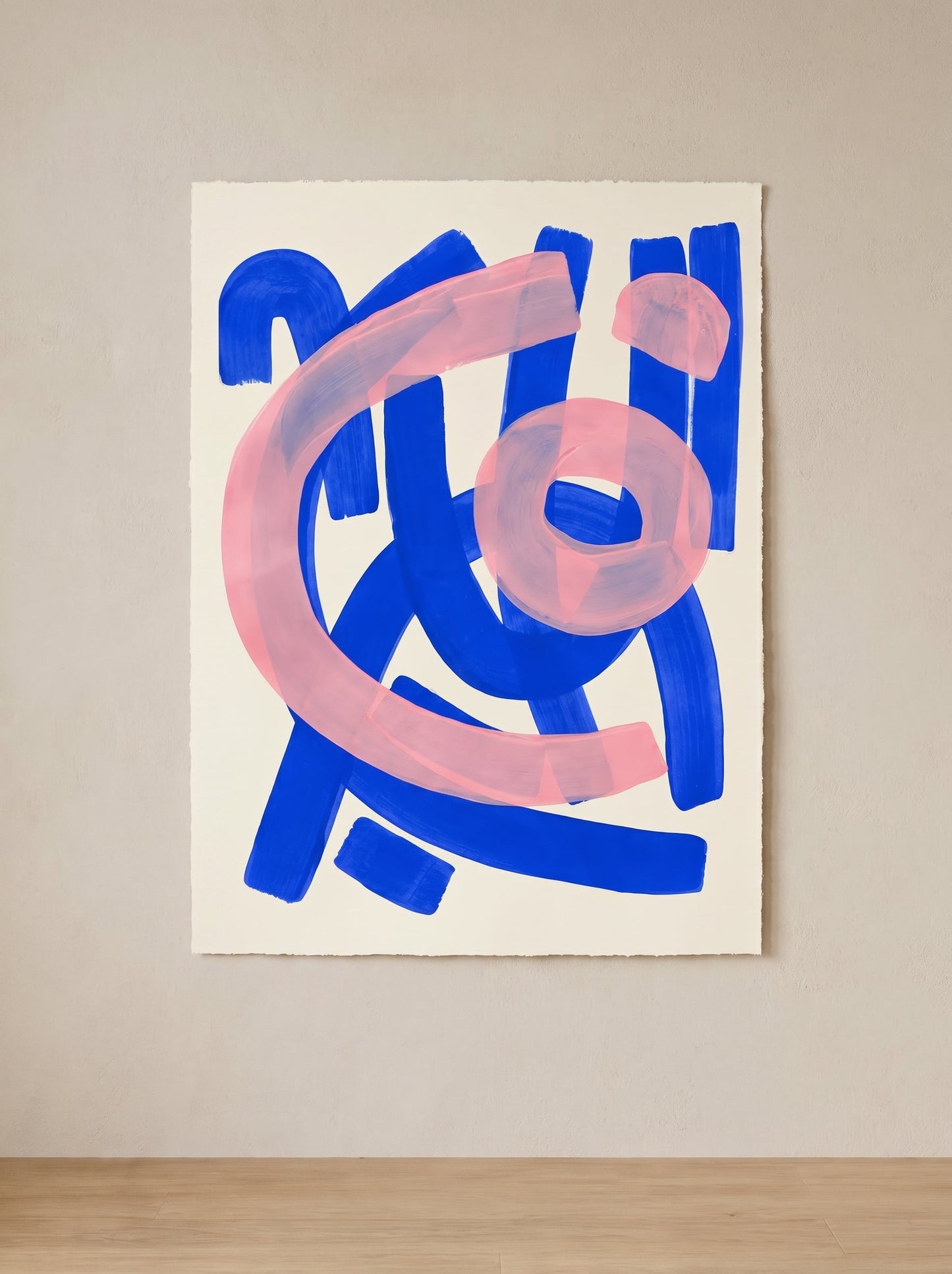 Tableau Abstrait Bleu et Rose – Contraste Graphique et Équilibre Moderne
