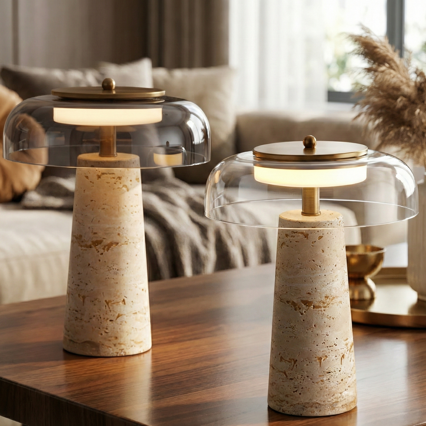Lampe en Travertin et Verre Transparent – Travénoir