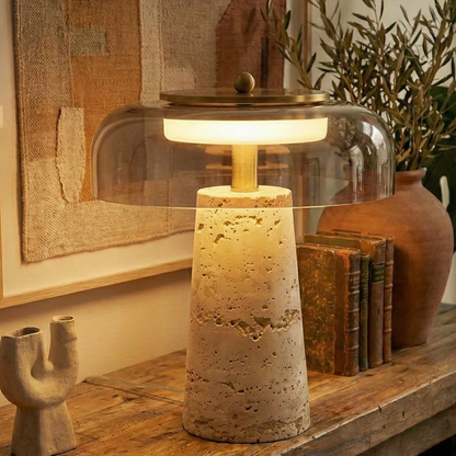 Lampe en Travertin et Verre Transparent – Travénoir