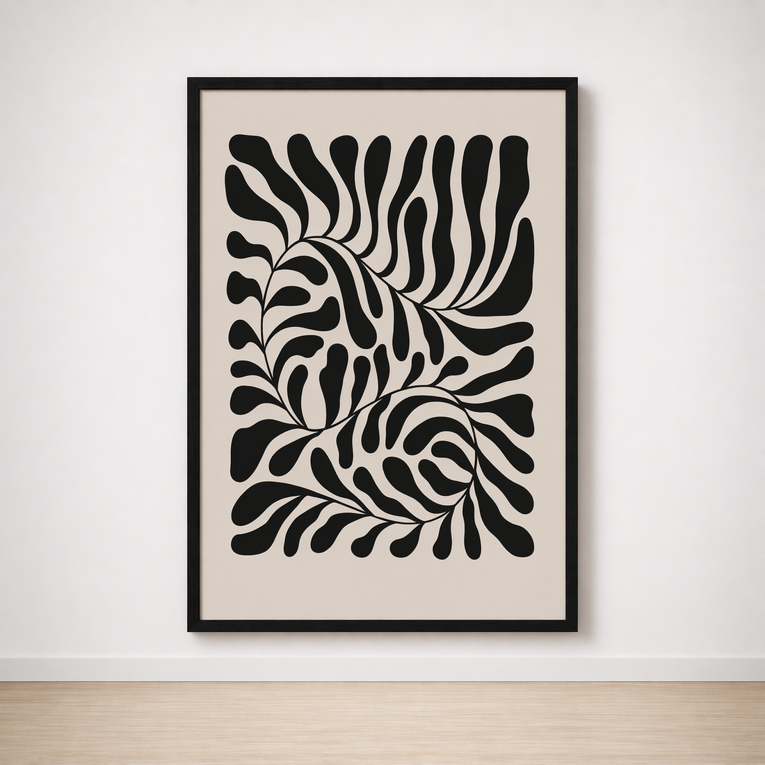 Tableau Abstrait Noir et Beige – Motifs Organiques Contemporains
