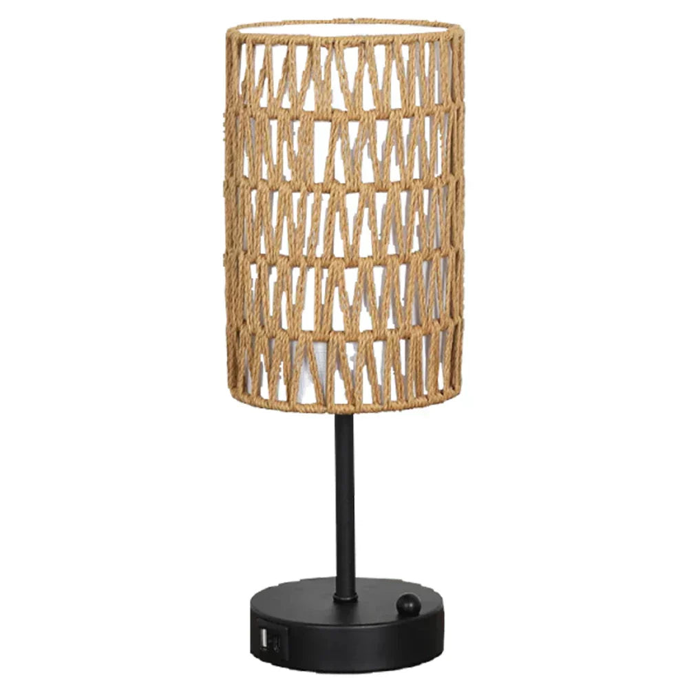 Rattan Table Lamp Dimmable Nightstand Lamp with USB C and USB A Ports Desk Lamp for Living Room Office Reading Desk