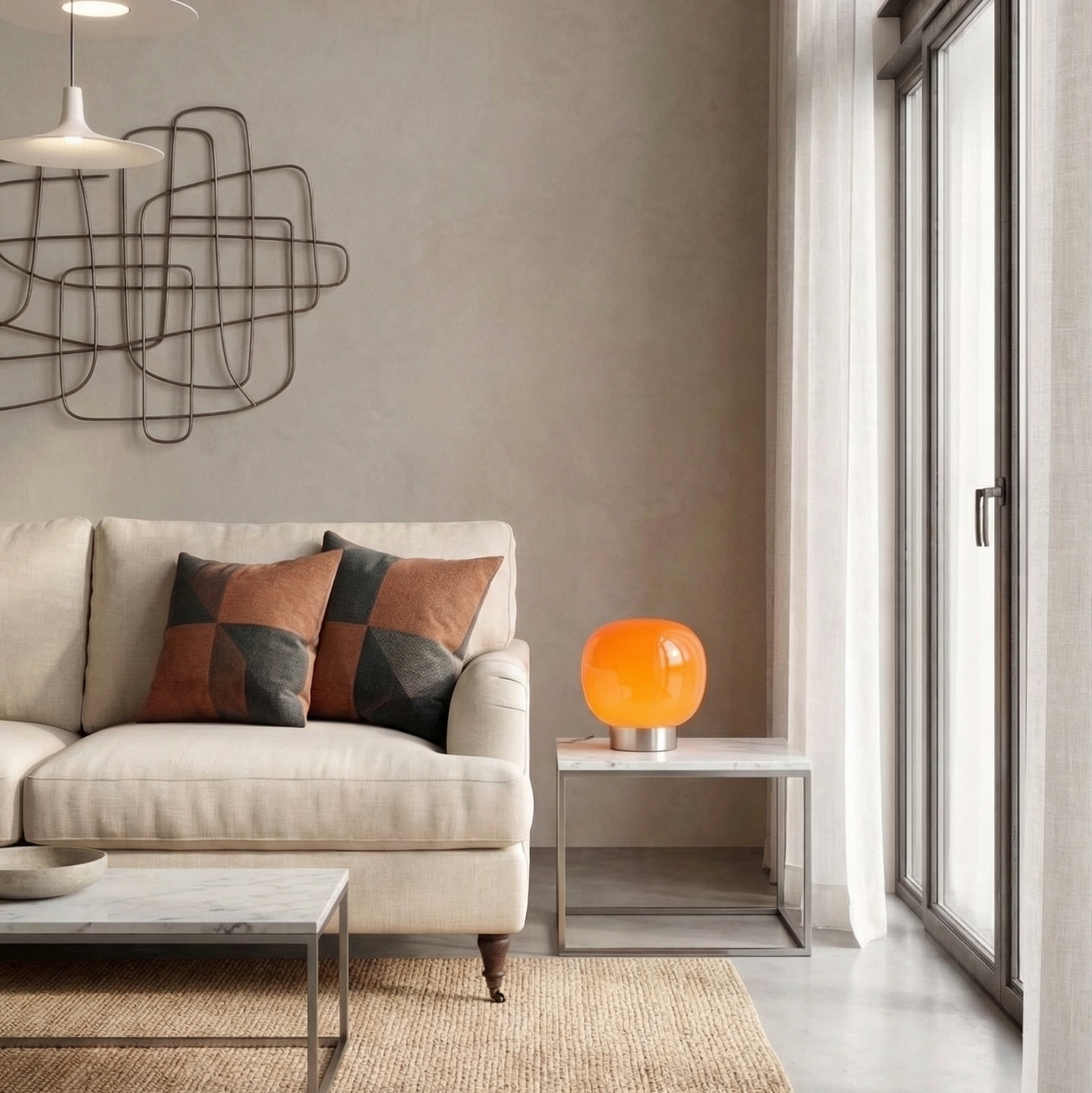 Lampe à poser en verre orange opalin et base métal – Solar